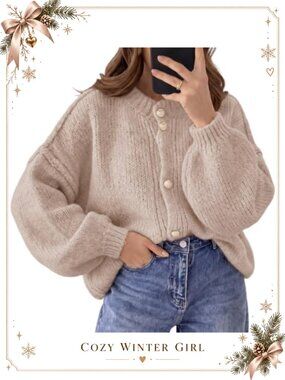 Oversized Knit Button Up Cardigan Lantern Sleeve Casual Fall Sweater